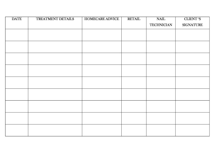 Nail Technician Client Record Card Template Nail Lacquer Uk